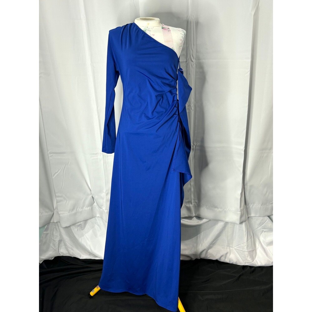 Women’s Size L Royal Blue One Shoulder Maxi Dress Ruched Ruffle Long Sleeve
